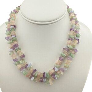 Multi-Gemstone Chip Beaded Long Strand Necklace Pastel Colors Green Pink & Laven